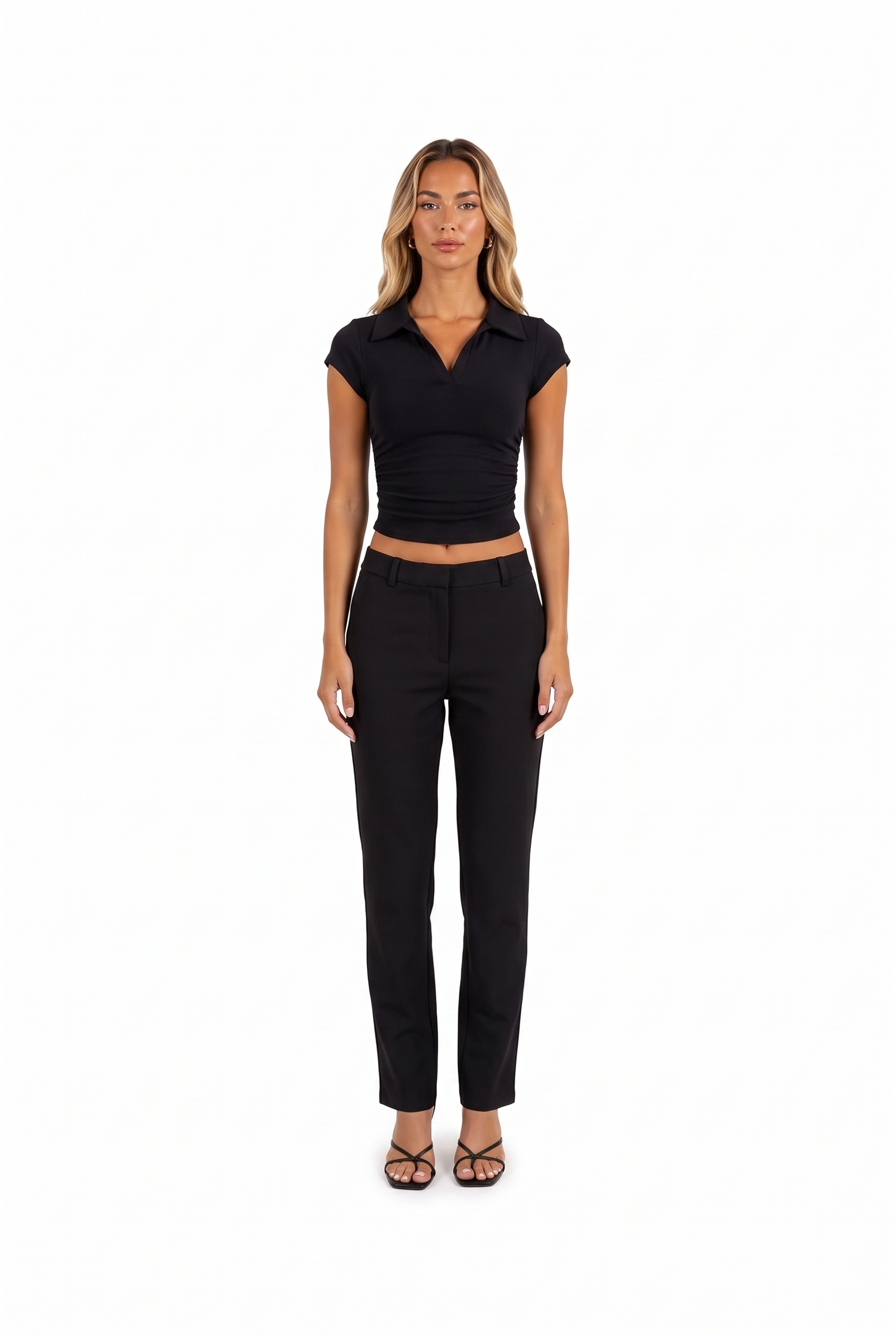 Black polo-collar ruched crop top — front