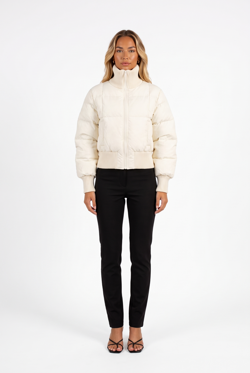 Ivory cropped puffer jacket with ribbed funnel collar — front