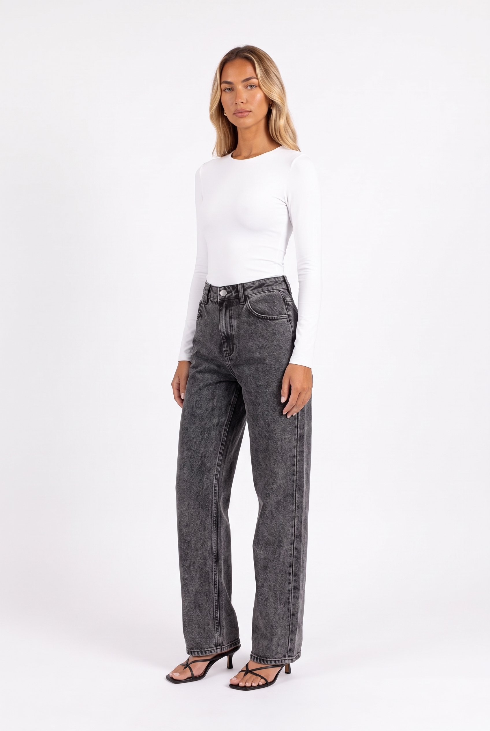 Charcoal acid-wash high-waist wide-leg jeans — three-quarter