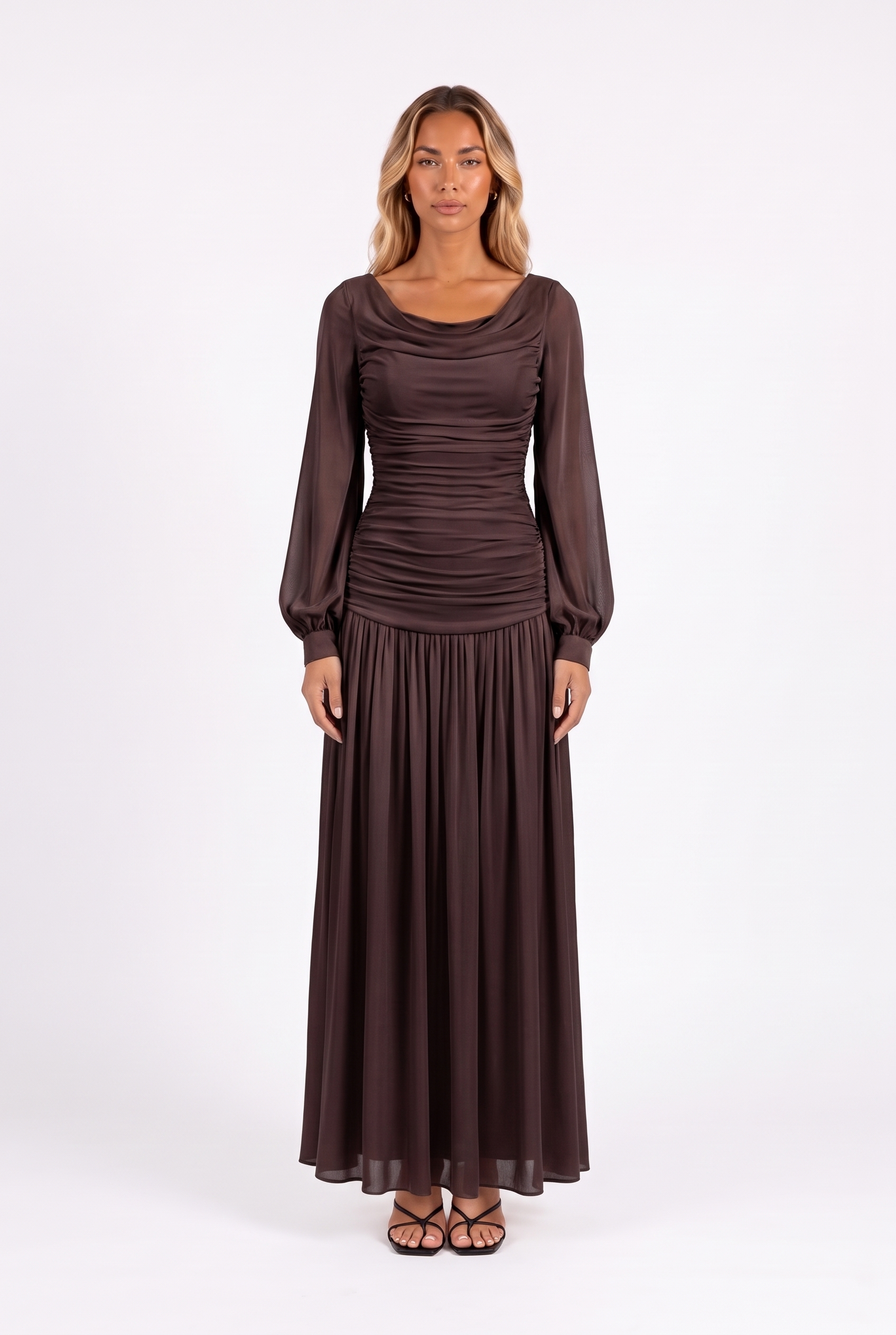 Draped cowl-neck bishop-sleeve maxi dress in Brown — front