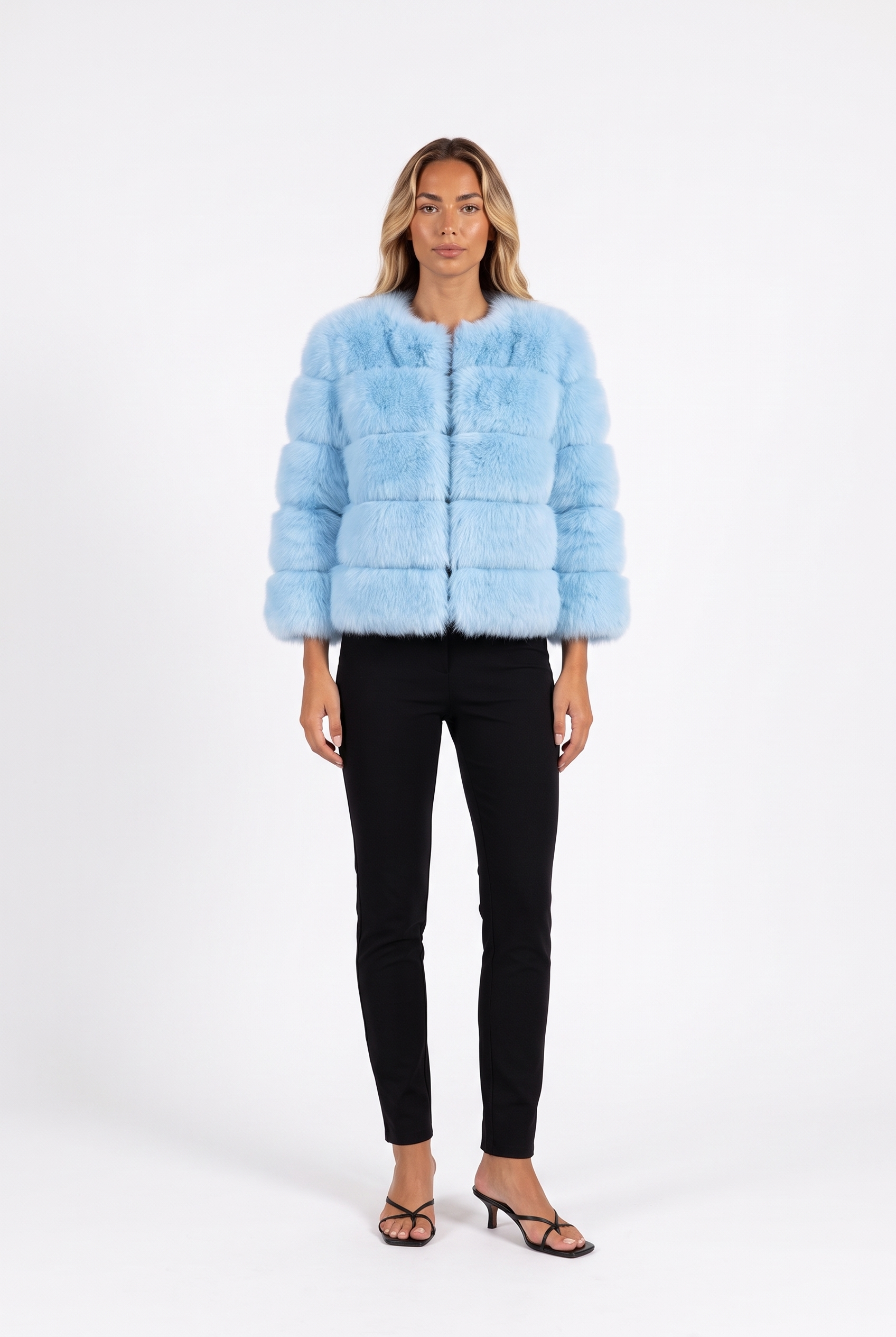 Light blue cropped faux fur jacket with three-quarter sleeves — front